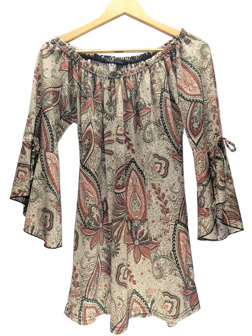 Lildy Tie Sleeve Tunic Dress Size S-M Paisley Print Boho Off